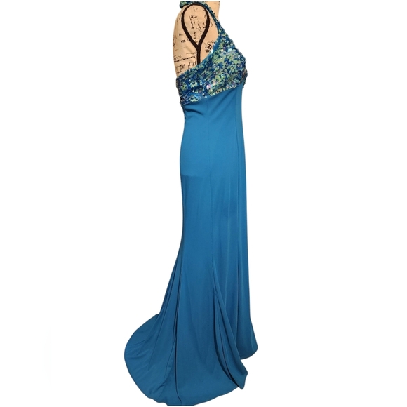 NIKI By Niki Livas Teal Sequin Halter Gown - Picture 5 of 11